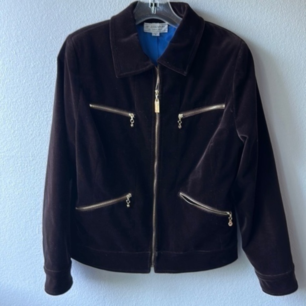 St. John Sport jacket faux velvet Gold accents Chocolate brown color size Medium